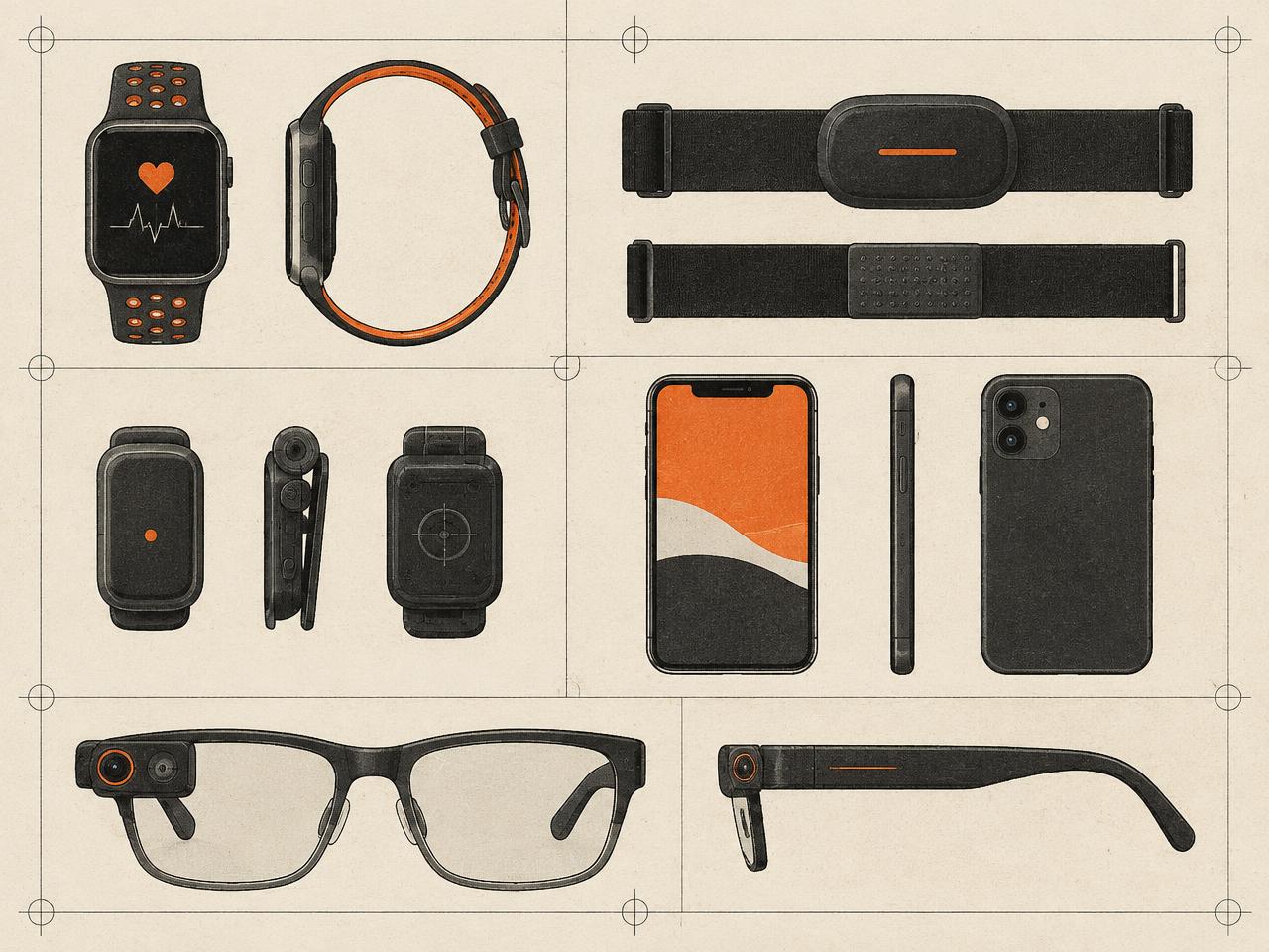 Flat-lay diagram of the certified collection kit: wrist band, chest strap, clip-on inertial sensor, phone and camera eyewear