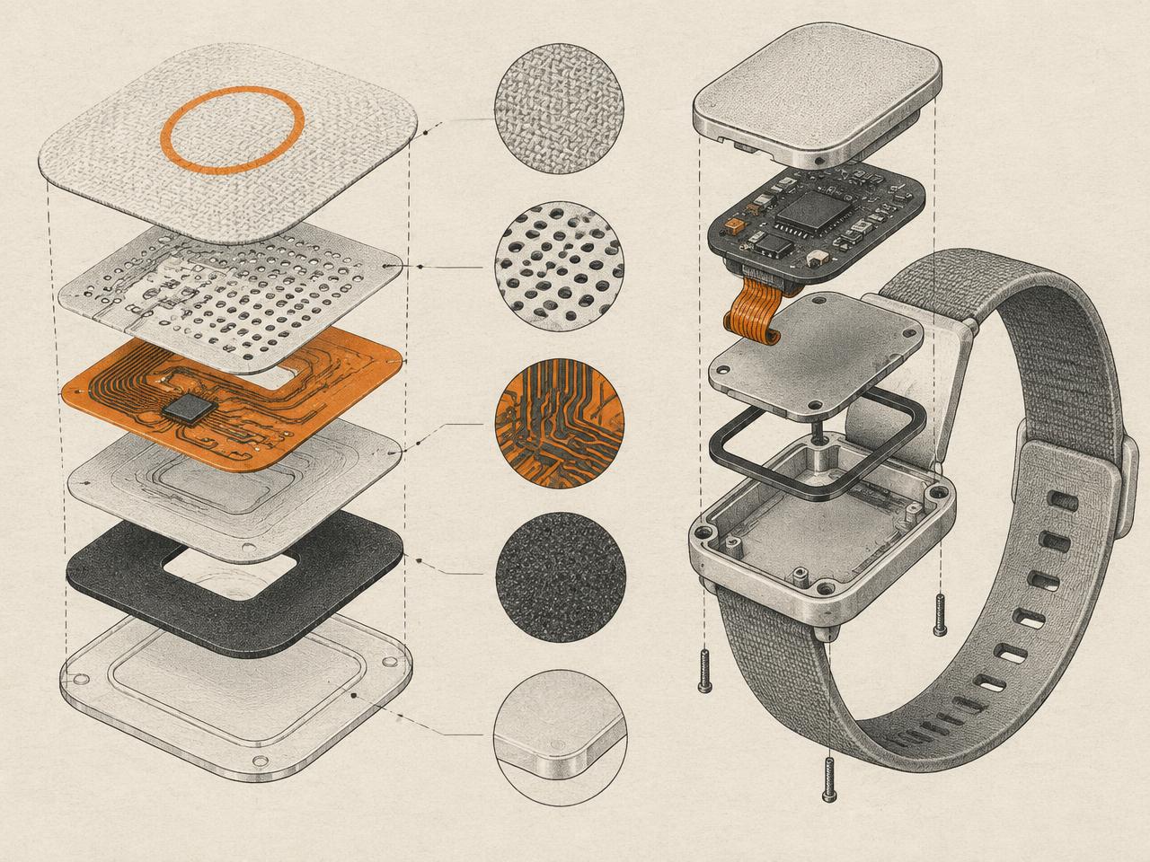 Exploded technical drawing of an in-development wearable sensor patch and wrist module